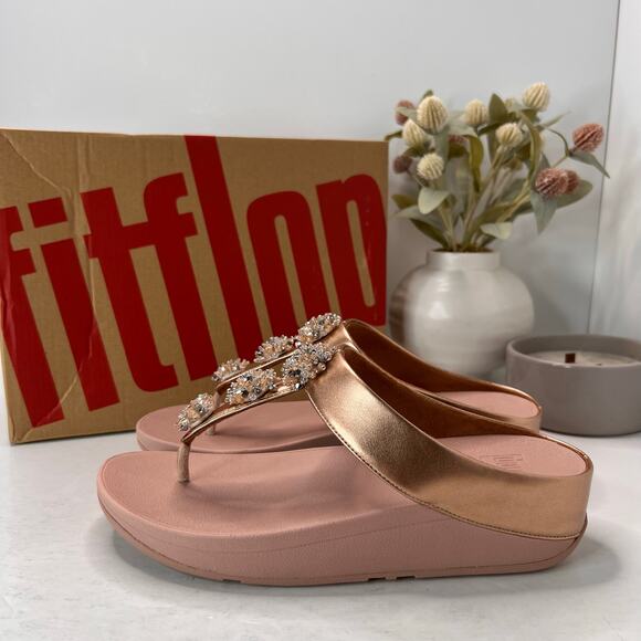FitFlop Galaxy Crystal Embellished Toe-Thong Sandals Rose Gold Women 9/EU41 NWB - Picture 4 of 11